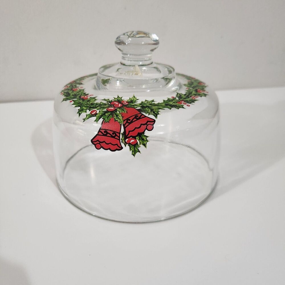 Vintage Viking Glass Cake Stand Cloche Dome Lid Only MCM Christmas Holly Berries